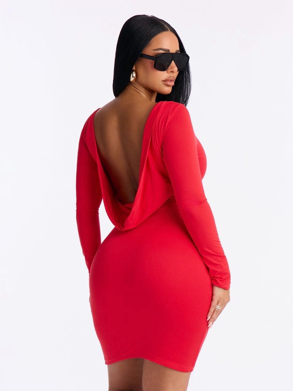 Fashion Nova Red Long-Sleeve Draped Open-Back Bodycon Dress